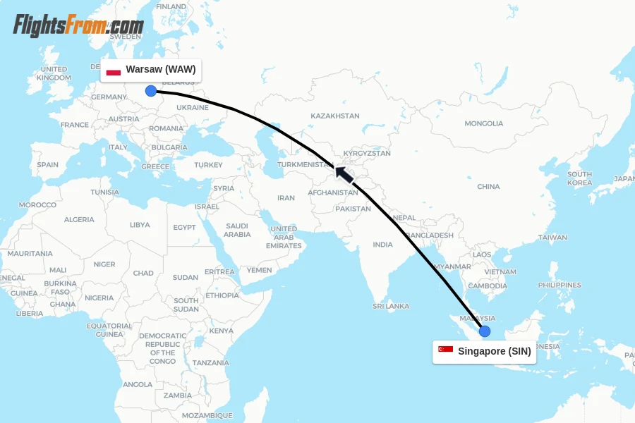 Flights from Singapore to Warsaw route map