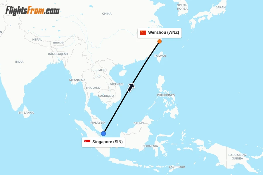 Flights from Singapore to Wenzhou route map