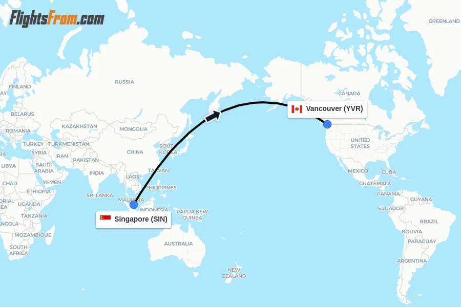 Flights from Singapore to Vancouver route map