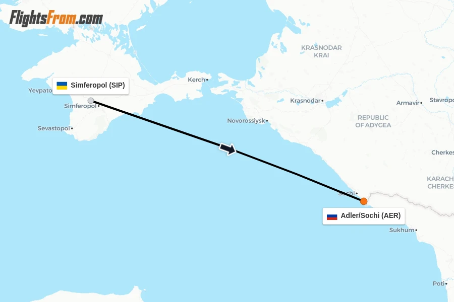 Flights from Simferopol to Adler/Sochi route map
