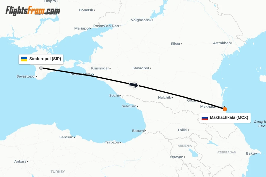 Flights from Simferopol to Makhachkala route map