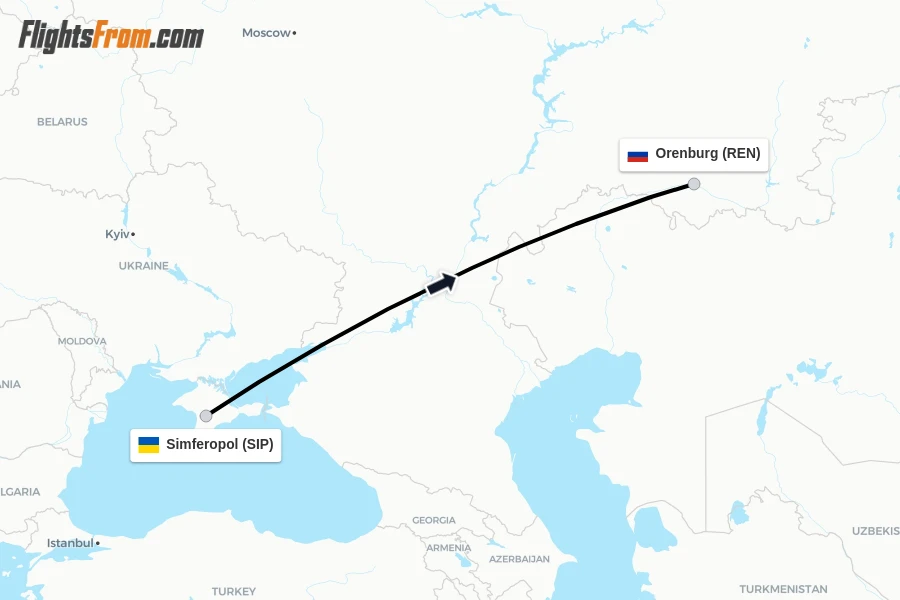 Flights from Simferopol to Orenburg route map