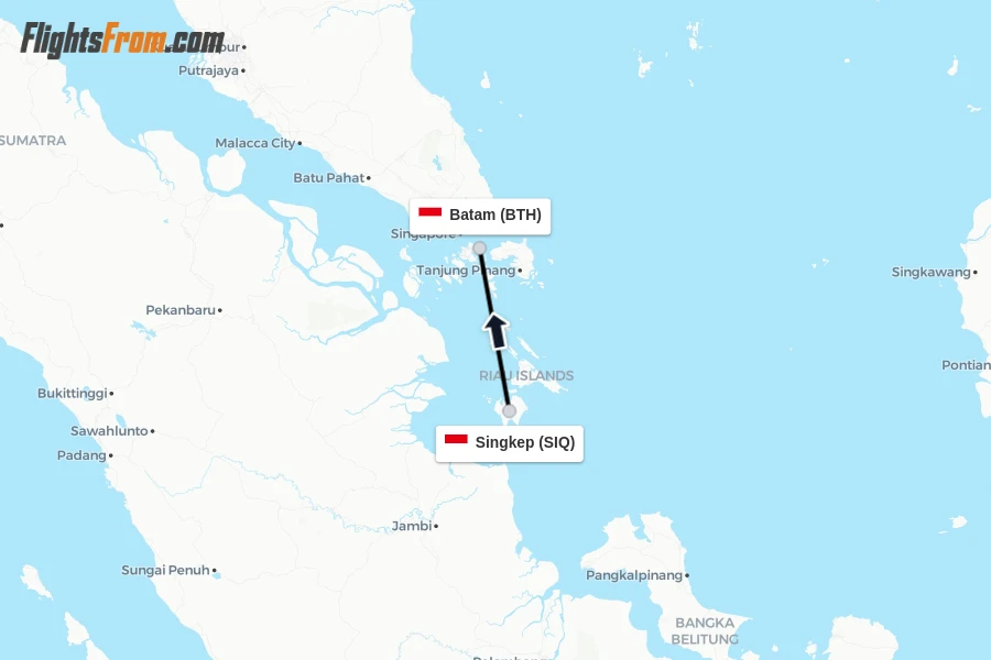 Flights from Singkep to Batam route map
