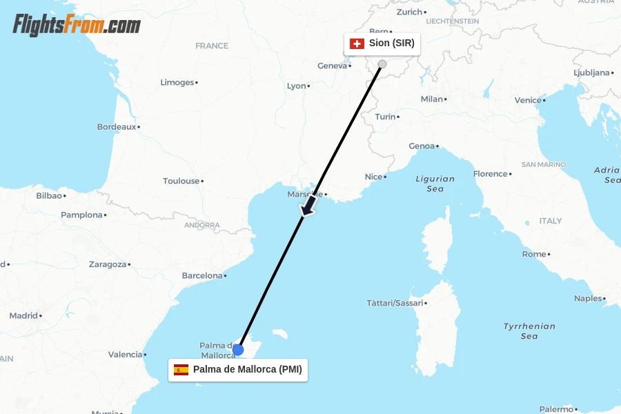 Flights from Sion to Palma de Mallorca route map