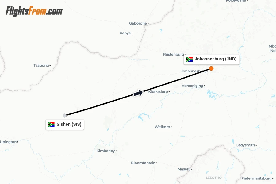 Flights from Sishen to Johannesburg route map