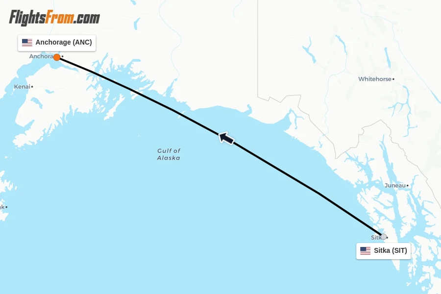 Flights from Sitka to Anchorage route map