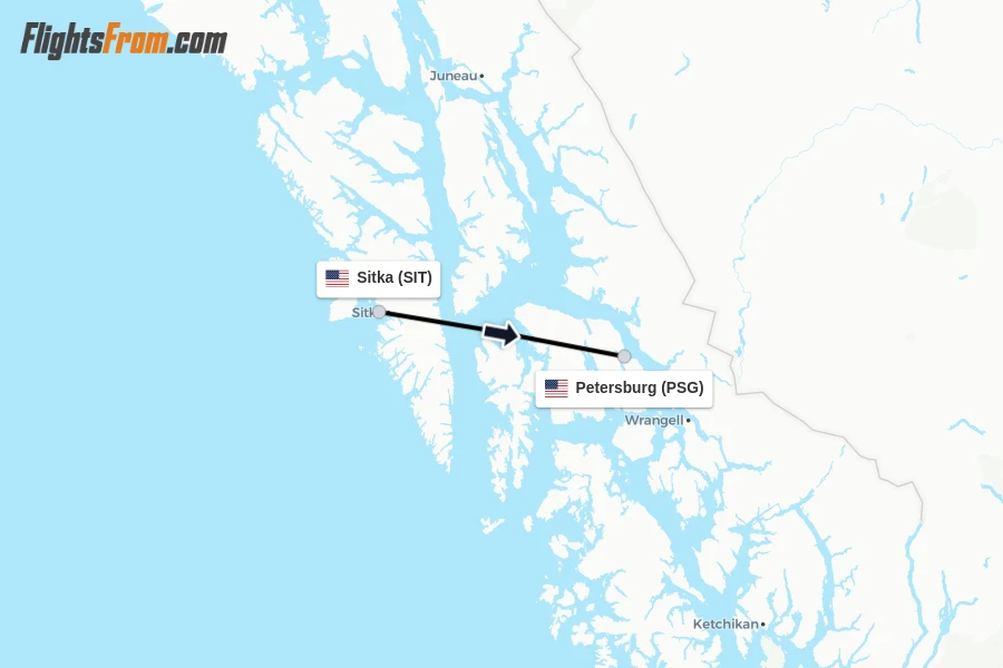 Flights from Sitka to Petersburg route map