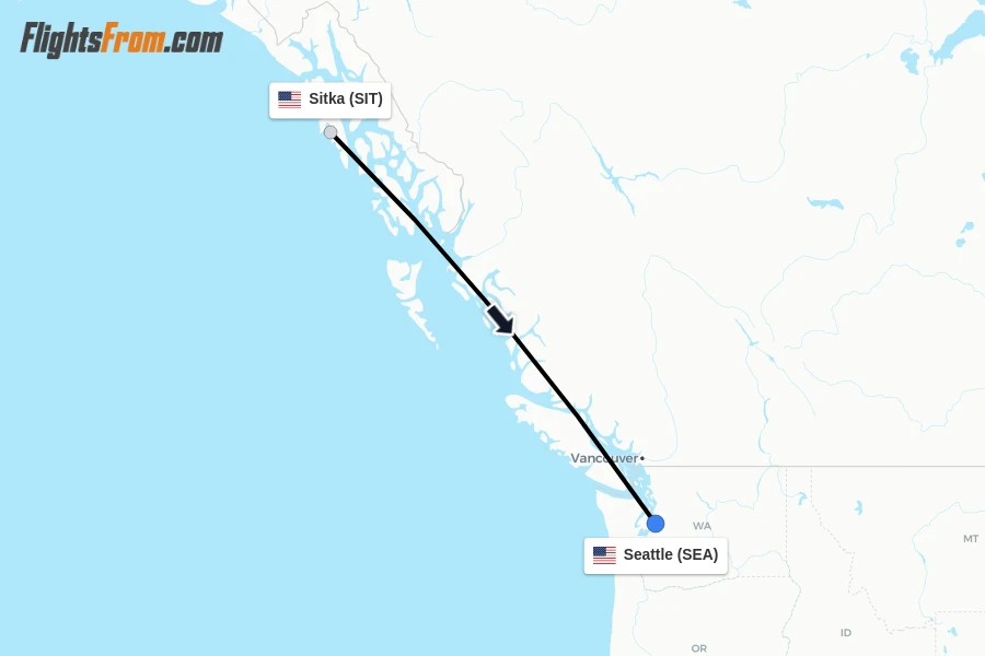 Flights from Sitka to Seattle route map