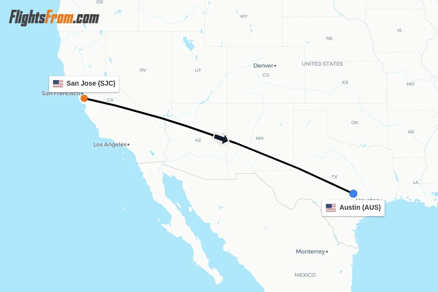 Flights from San Jose to Austin route map