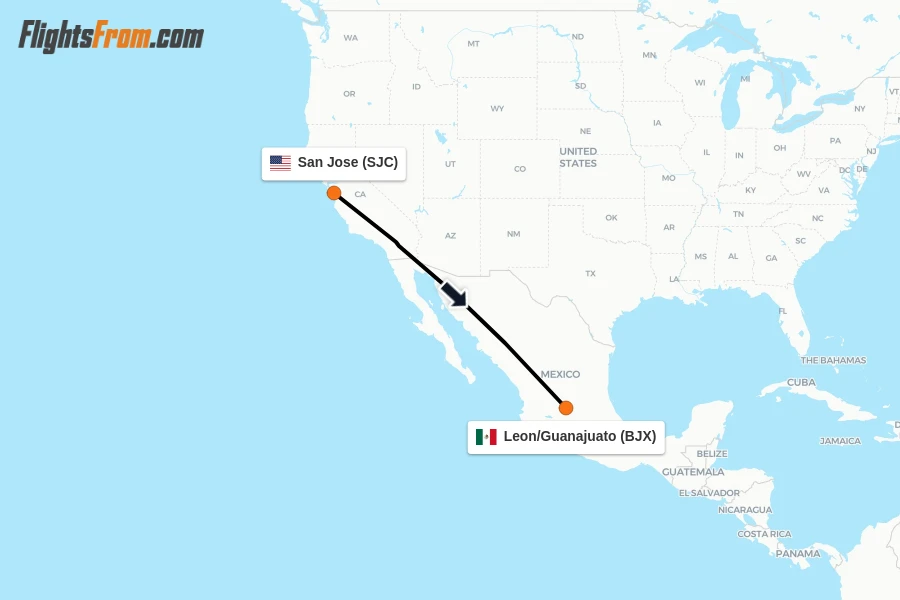 Flights from San Jose to Leon/Guanajuato route map