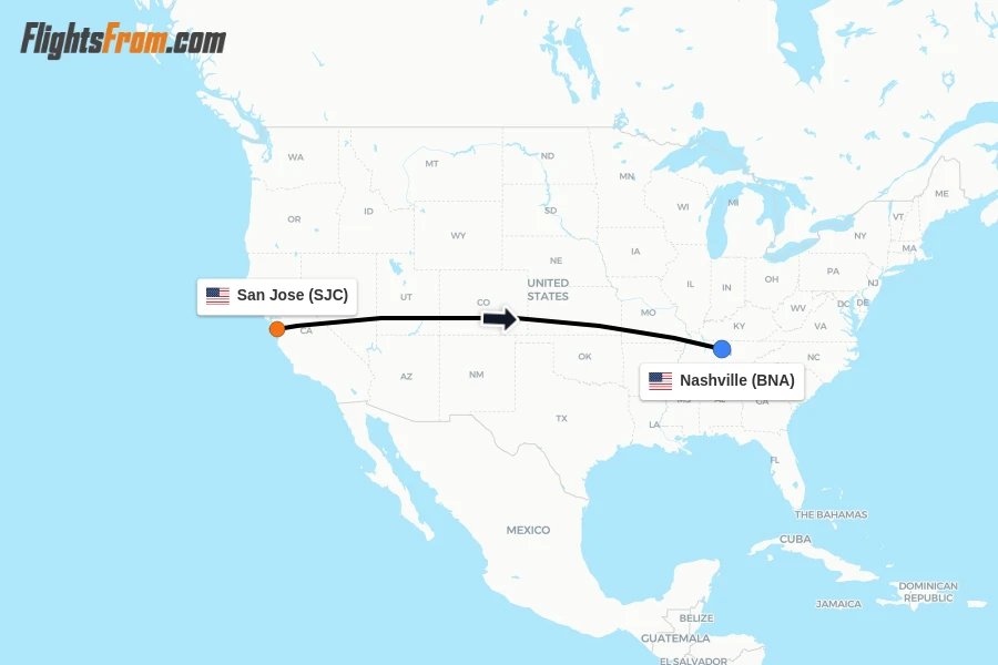 Flights from San Jose to Nashville route map