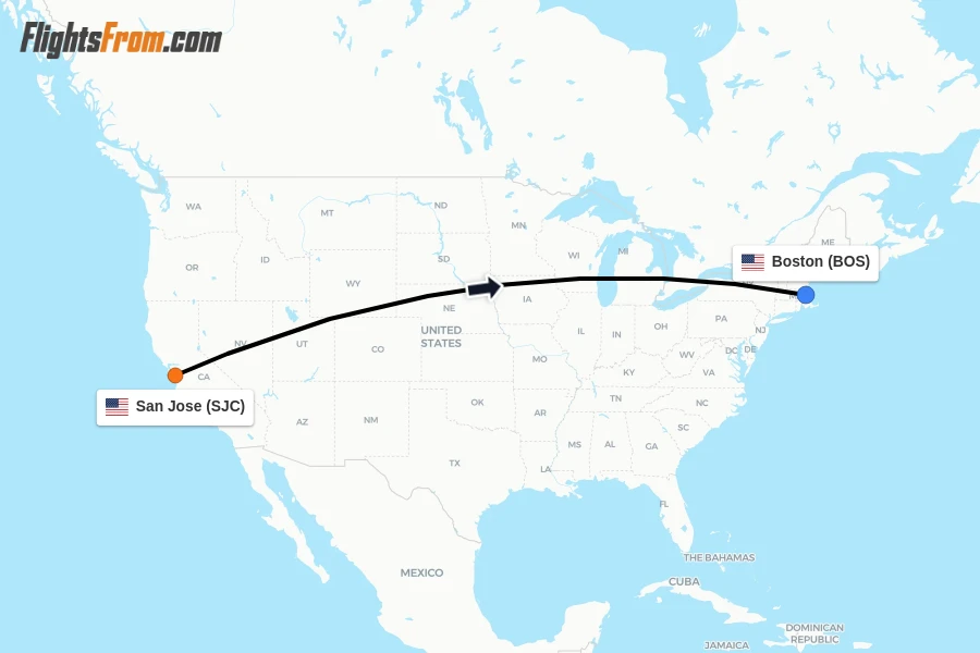 Flights from San Jose to Boston route map