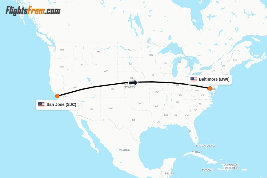 Flights from San Jose to Baltimore route map