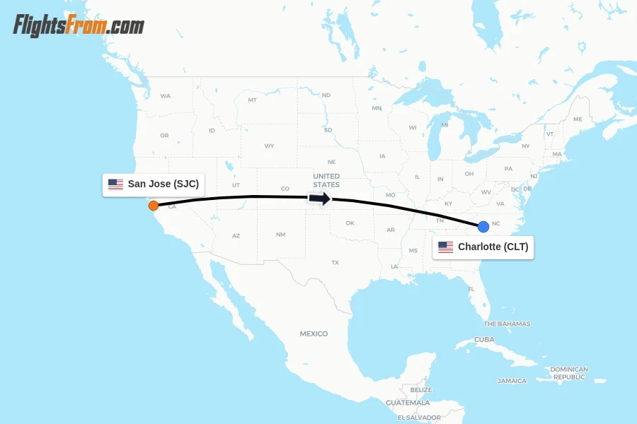 Flights from San Jose to Charlotte route map