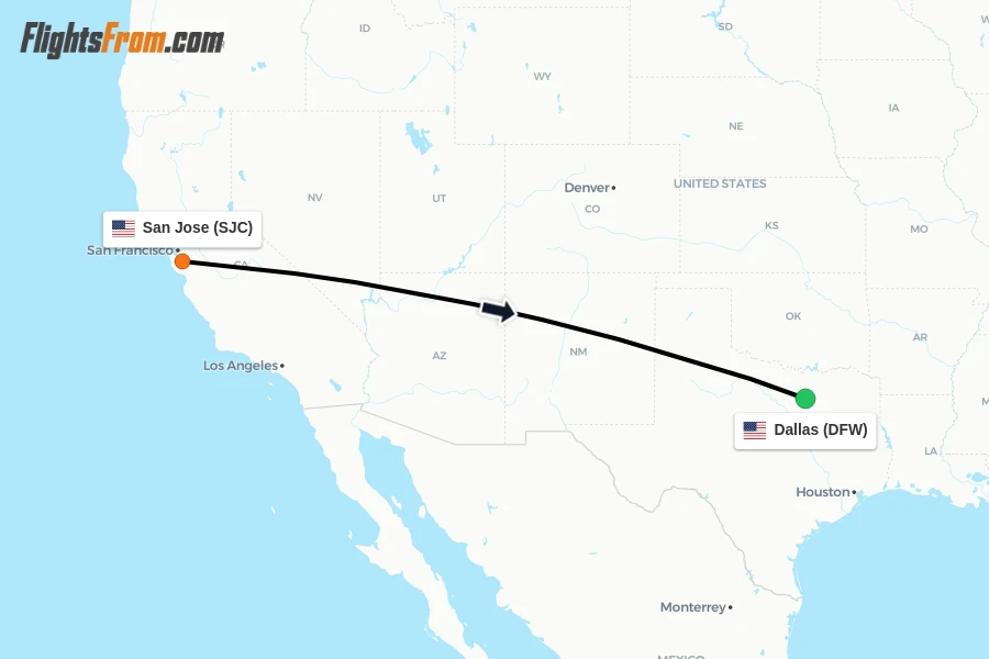Flights from San Jose to Dallas route map