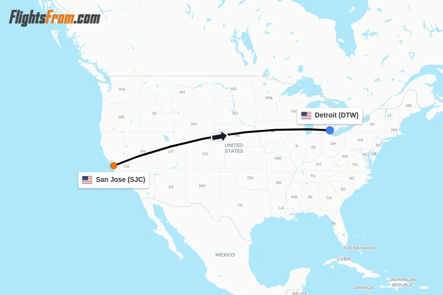 Flights from San Jose to Detroit route map