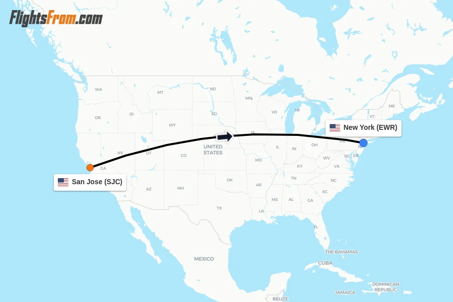 Flights from San Jose to New York route map
