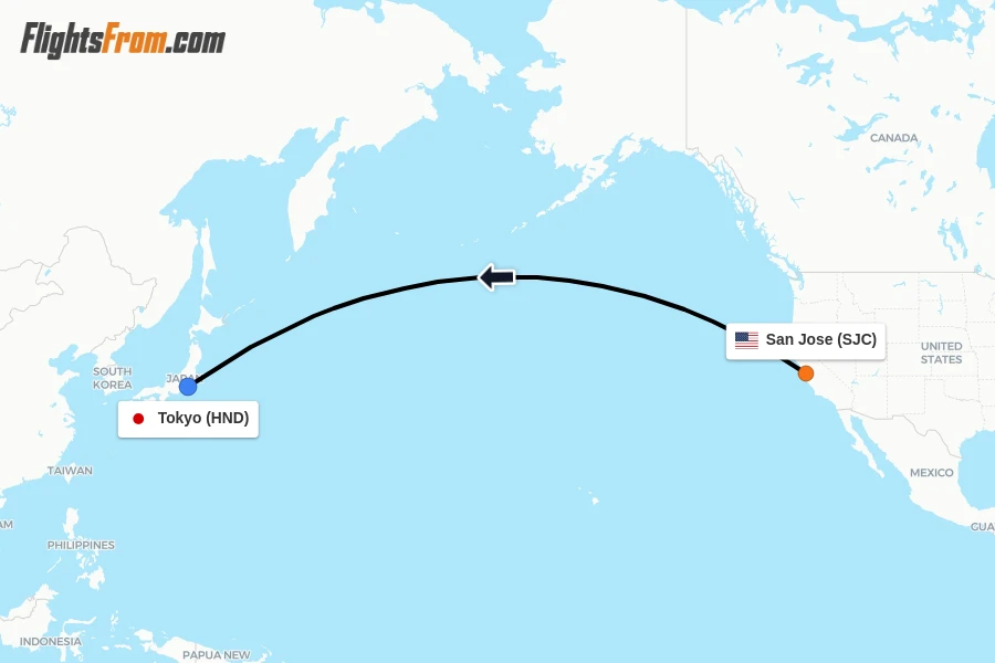 Flights from San Jose to Tokyo route map