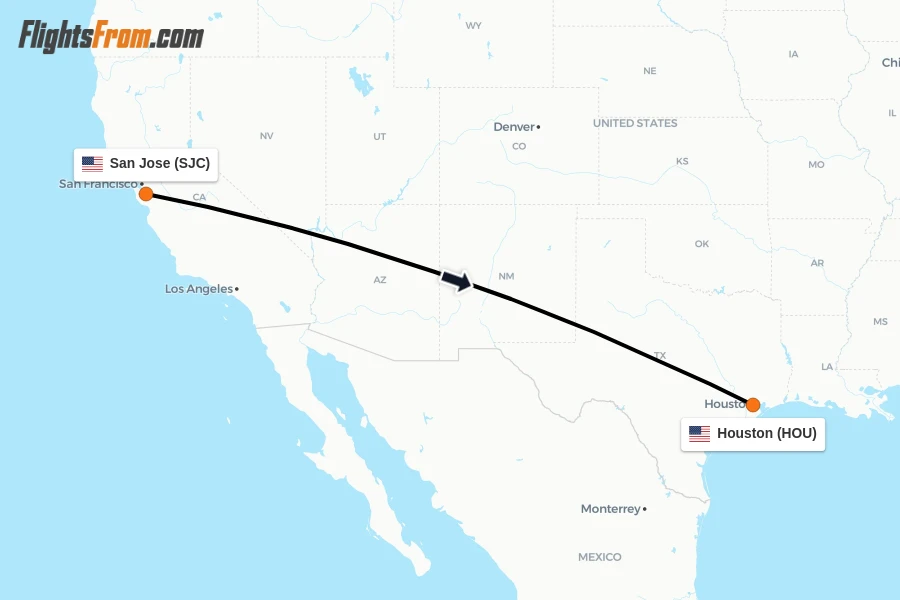 Flights from San Jose to Houston route map