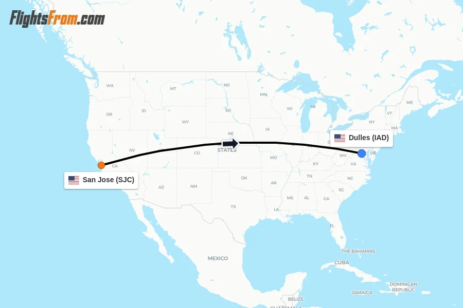 Flights from San Jose to Dulles route map