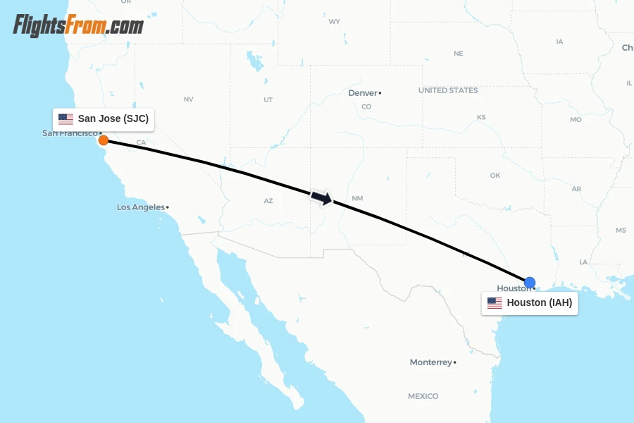 Flights from San Jose to Houston route map