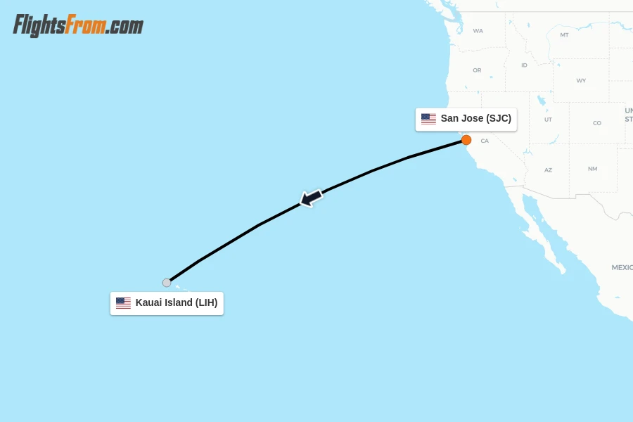 Flights from San Jose to Kauai Island route map