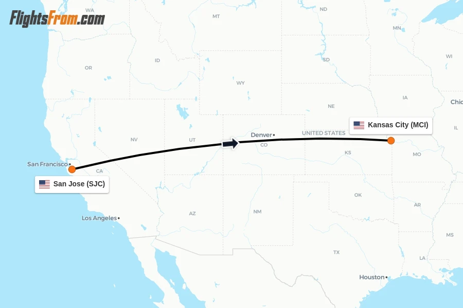 Flights from San Jose to Kansas City route map