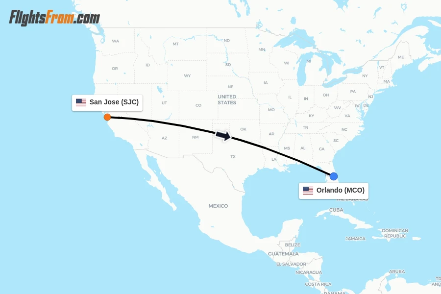 Flights from San Jose to Orlando route map