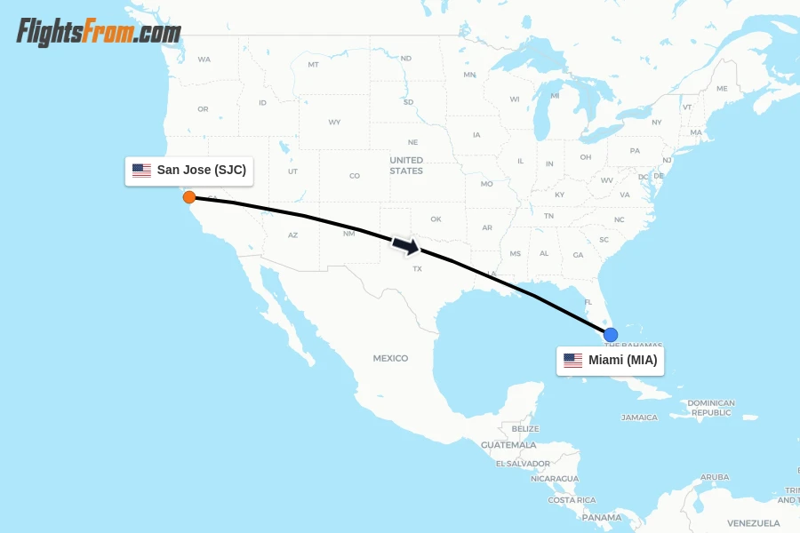 Flights from San Jose to Miami route map