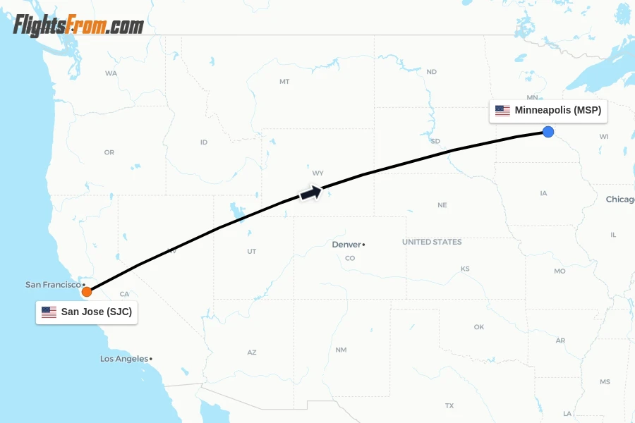 Flights from San Jose to Minneapolis route map