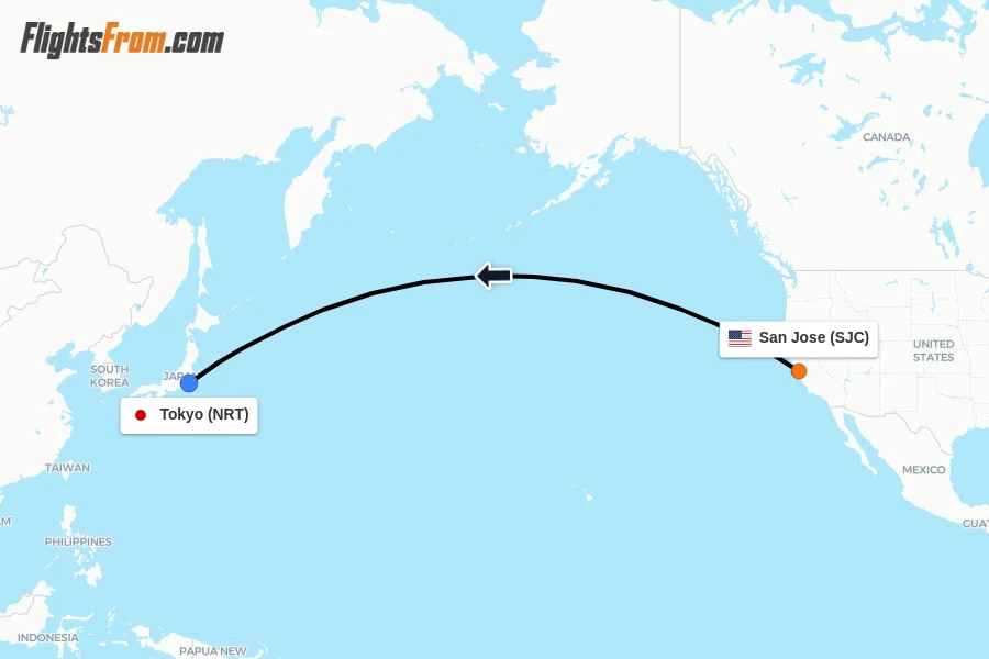 Flights from San Jose to Tokyo route map
