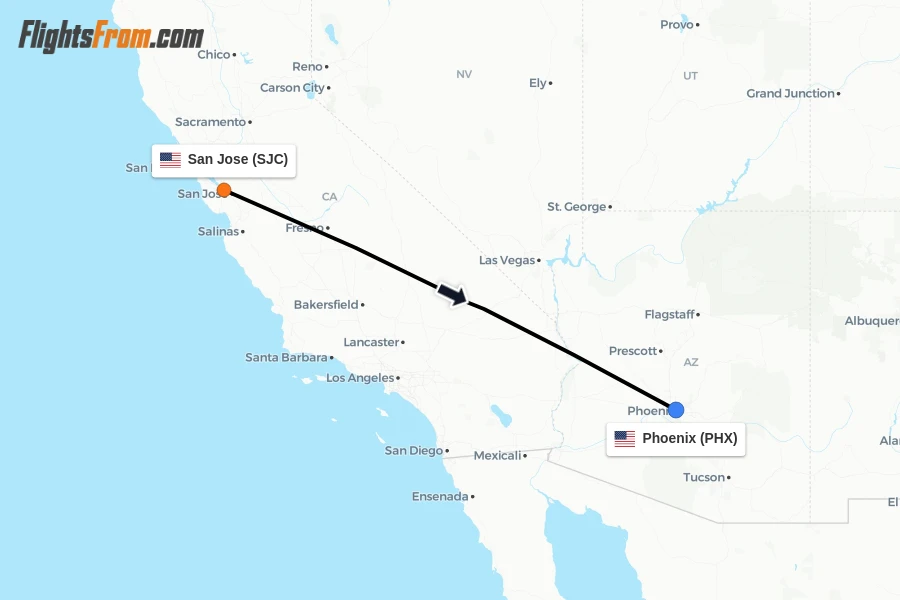 Flights from San Jose to Phoenix route map