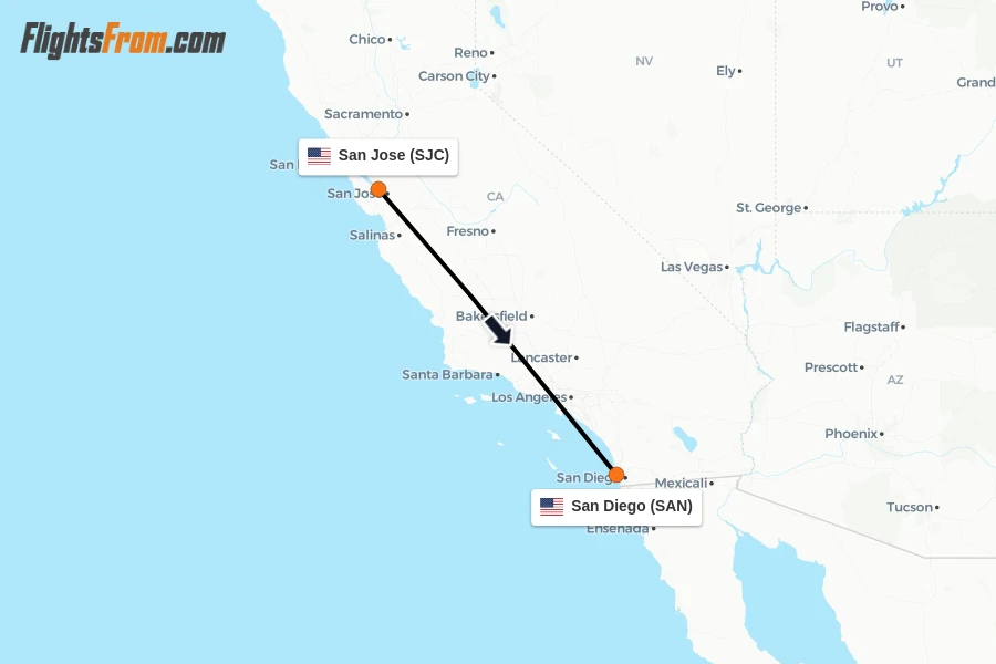 Flights from San Jose to San Diego route map
