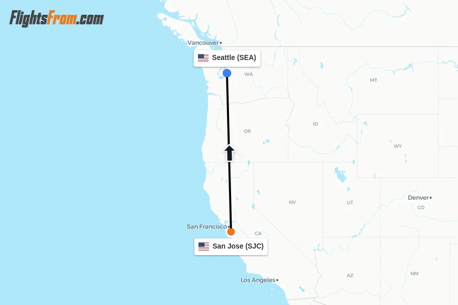 Flights from San Jose to Seattle route map
