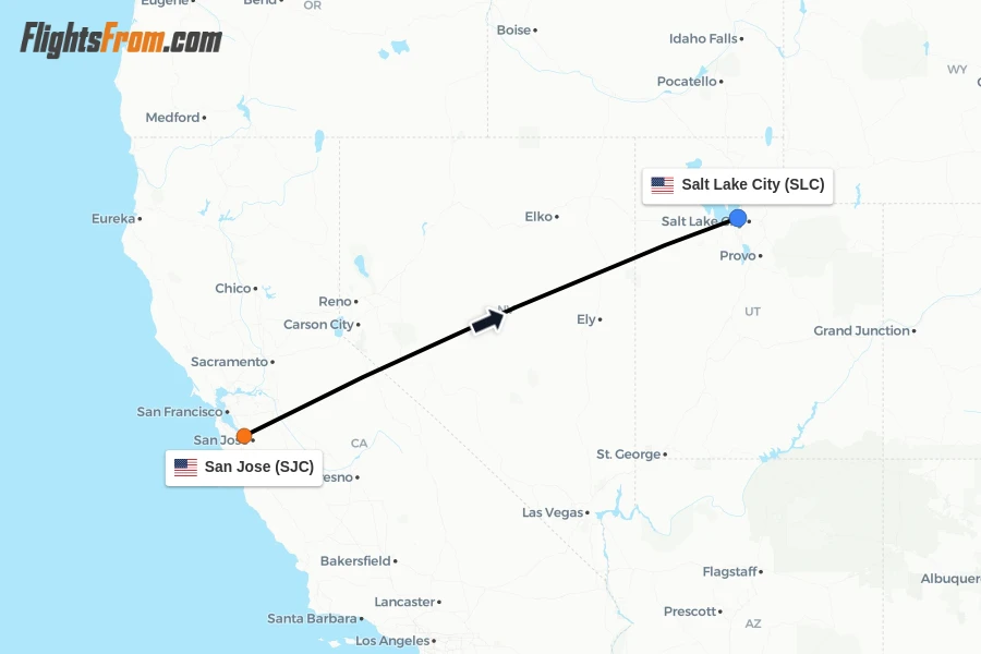 Flights from San Jose to Salt Lake City route map