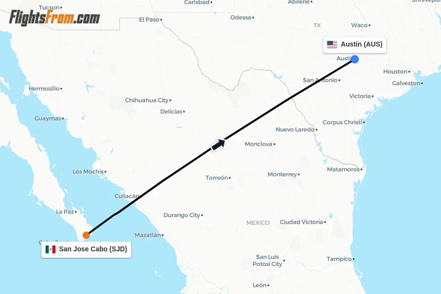 Flights from San Jose Cabo to Austin route map