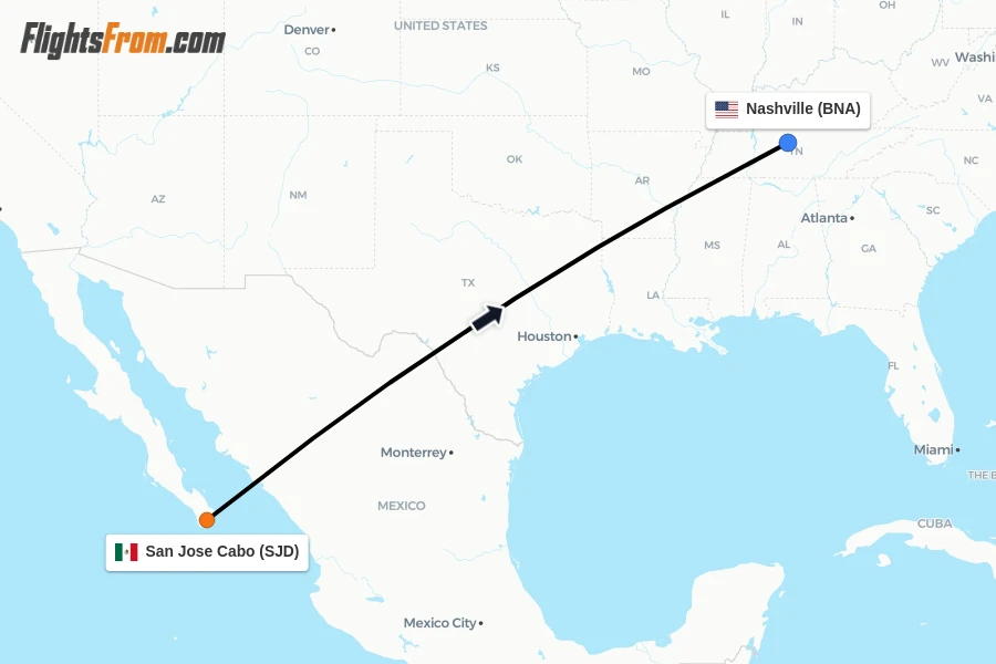 Flights from San Jose Cabo to Nashville route map