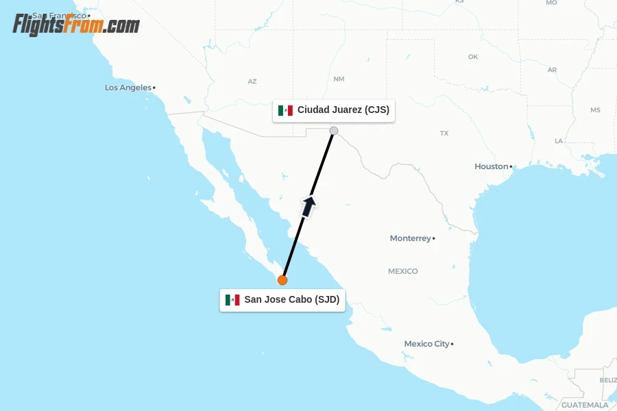 Flights from San Jose Cabo to Ciudad Juarez route map