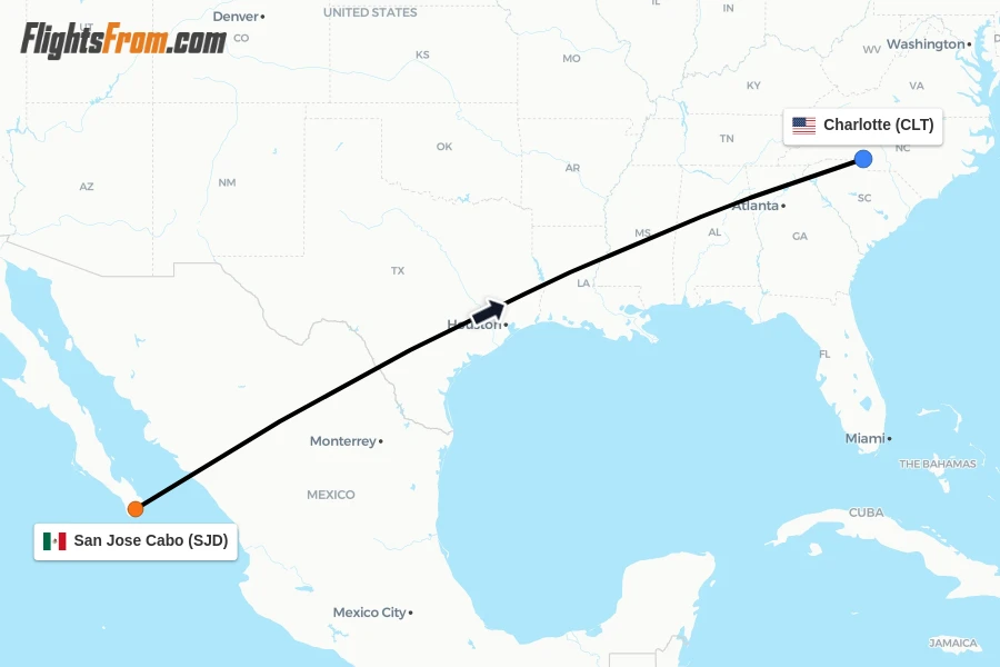 Flights from San Jose Cabo to Charlotte route map