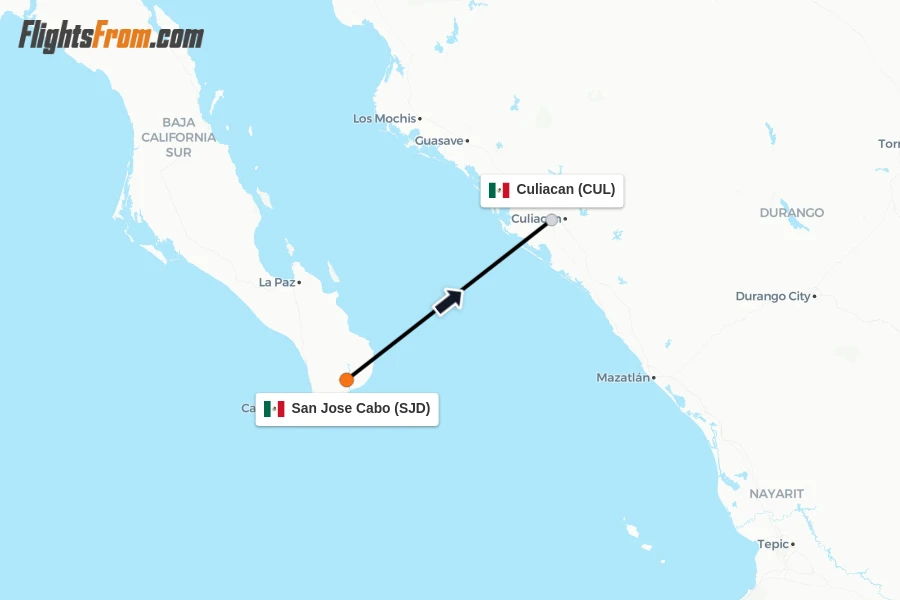 Flights from San Jose Cabo to Culiacan route map