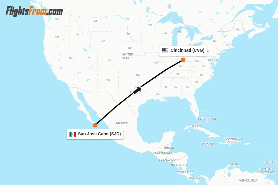Flights from San Jose Cabo to Cincinnati route map