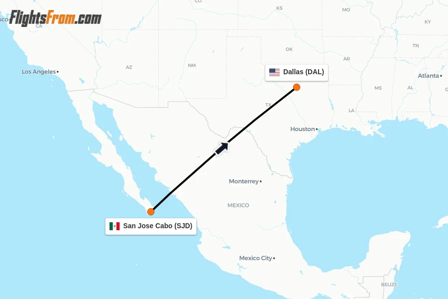 Flights from San Jose Cabo to Dallas route map