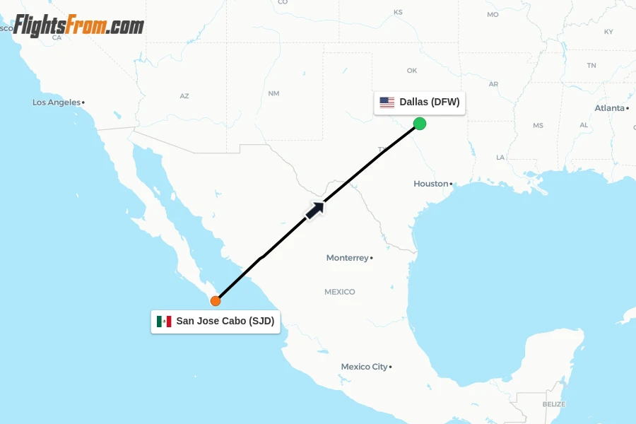 Flights from San Jose Cabo to Dallas route map