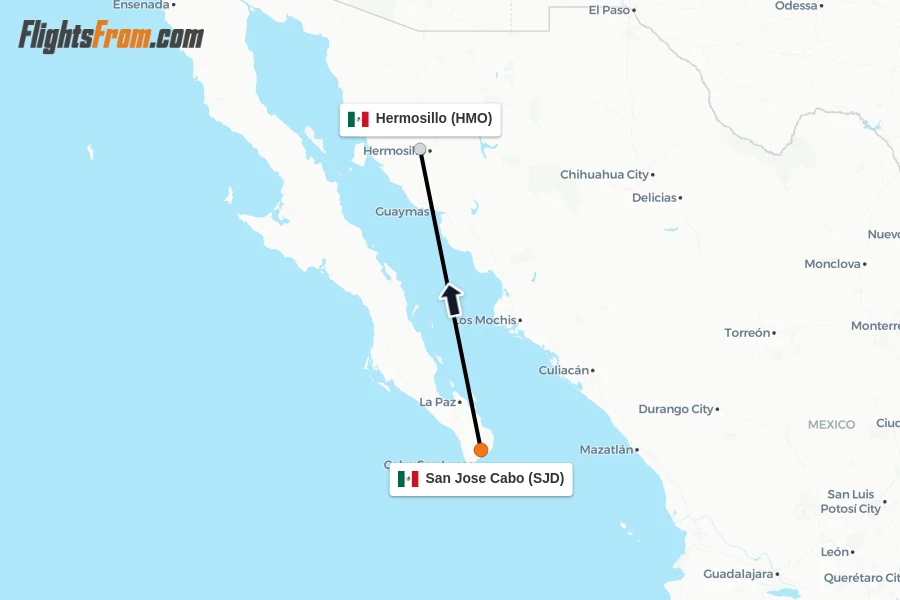 Flights from San Jose Cabo to Hermosillo route map