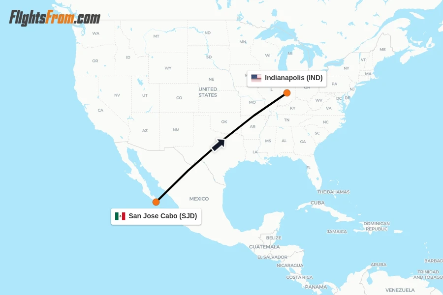 Flights from San Jose Cabo to Indianapolis route map