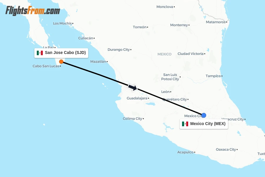 Flights from San Jose Cabo to Mexico City route map