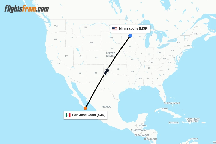 Flights from San Jose Cabo to Minneapolis route map