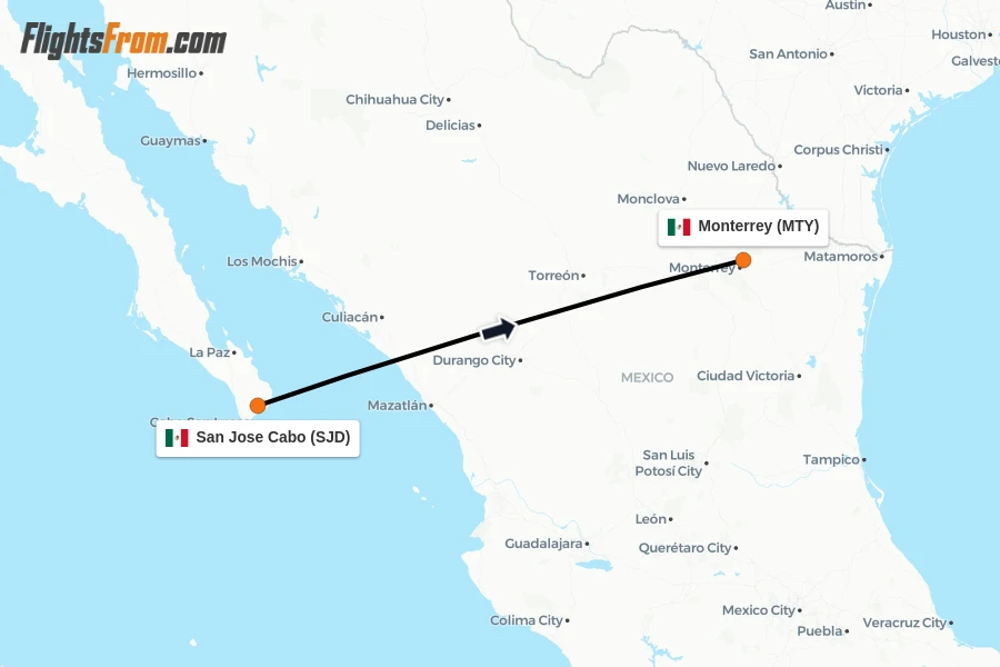 Flights from San Jose Cabo to Monterrey route map