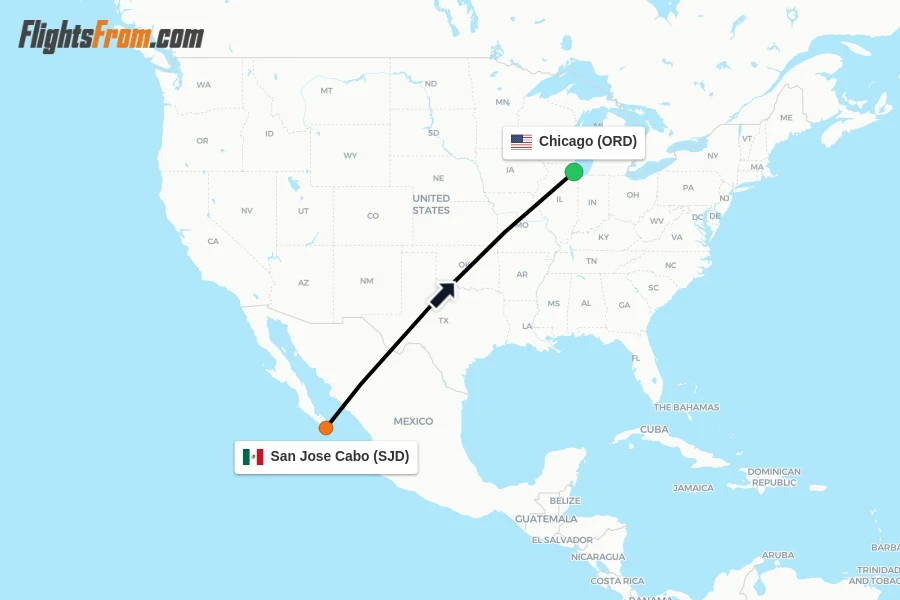 Flights from San Jose Cabo to Chicago route map