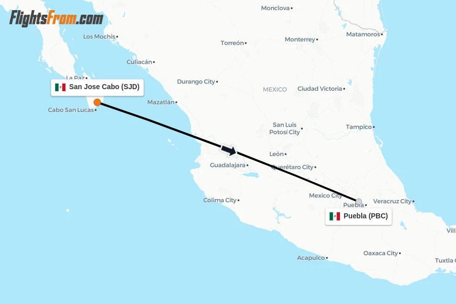 Flights from San Jose Cabo to Puebla route map